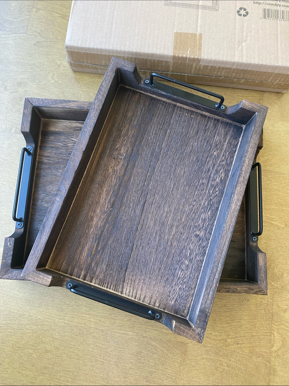 Dark Brown Wooden Vanity Tray Duo with Black Metal Handles
